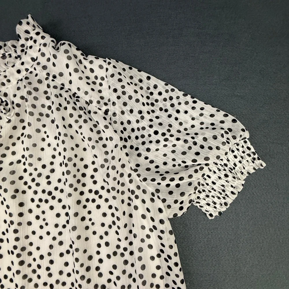 Anthropologie Autres Filles Blouse Women 1X White Polka Dot Tie Neck Romantic
